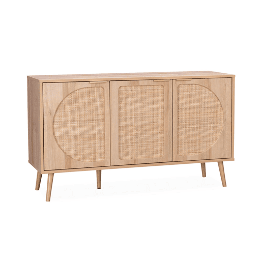 Aparador com efeito em madeira e cana de 3 portas, 120cm, Eva, Natural, 120x39x70 cm