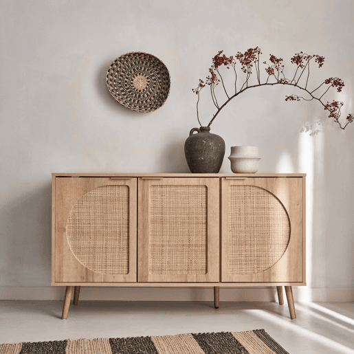 Aparador com efeito em madeira e cana de 3 portas, 120cm, Eva, Natural, 120x39x70 cm