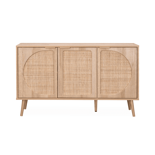 Aparador com efeito em madeira e cana de 3 portas, 120cm, Eva, Natural, 120x39x70 cm