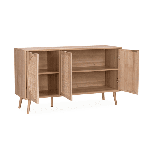 Aparador com efeito em madeira e cana de 3 portas, 120cm, Eva, Natural, 120x39x70 cm
