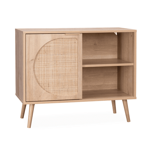 Aparador com efeito madeira e cana de 1 porta, 80cm, Eva, Natural, 80x39x65.8 cm