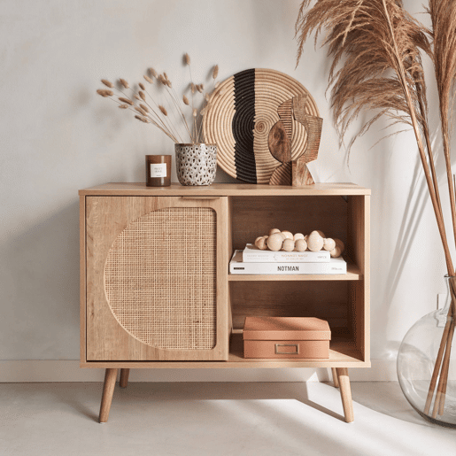 Aparador com efeito madeira e cana de 1 porta, 80cm, Eva, Natural, 80x39x65.8 cm