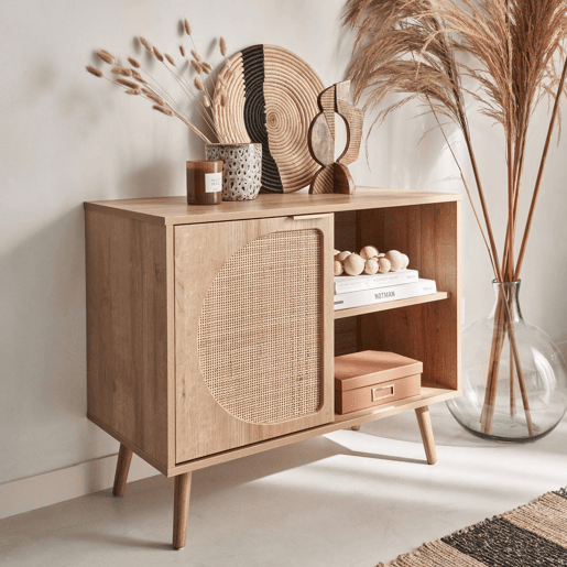 Aparador com efeito madeira e cana de 1 porta, 80cm, Eva, Natural, 80x39x65.8 cm