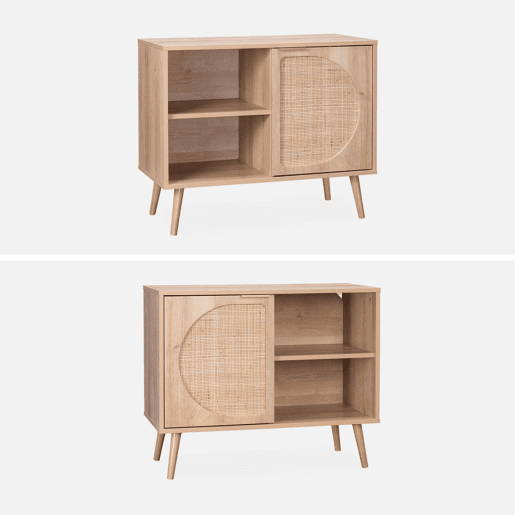 Aparador com efeito madeira e cana de 1 porta, 80cm, Eva, Natural, 80x39x65.8 cm