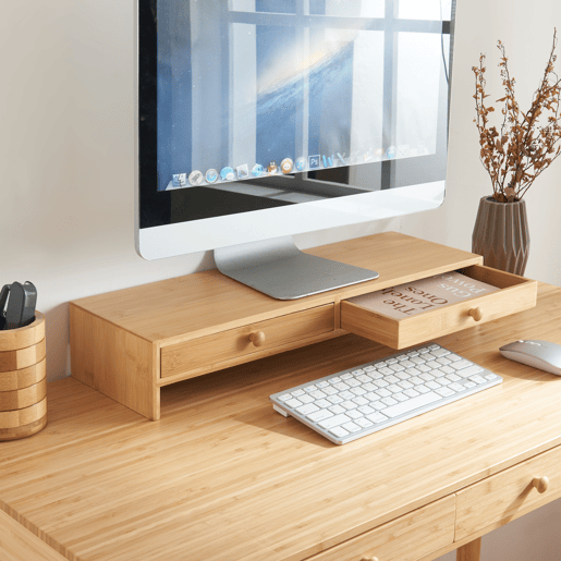 Suporte para monitor Hallstahammar com 2 gavetas em bambu 56x18x10cm - Natural en.casa