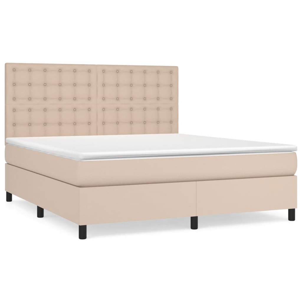 Cama box spring con colchón cuero sintético capuchino 180x200cm botones
