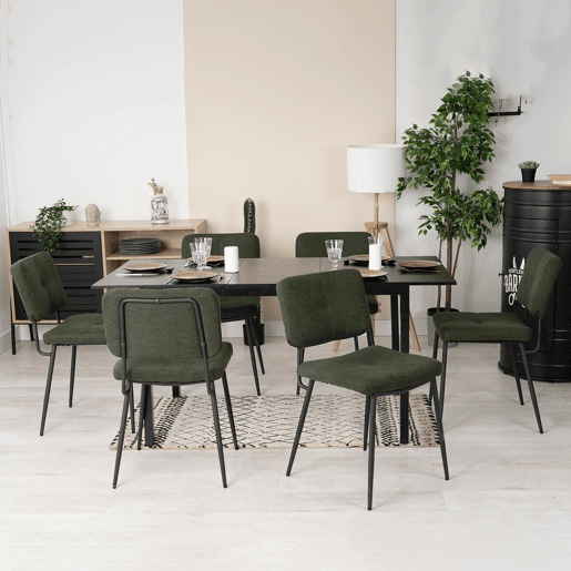 Conjunto de 6 cadeiras de jantar retro com encosto em tecido, assento estofado, pernas em metal para cozinha, sala de estar, quarto, escritório, verde