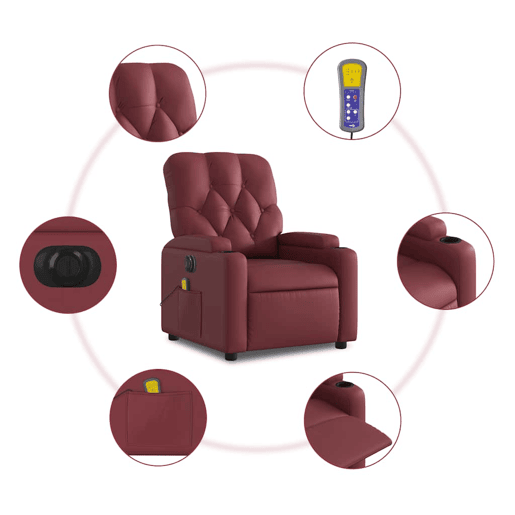 vidaXL Poltrona massagens reclin. elétrica couro artif. vermelho-tinto