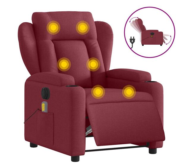 Vidaxl sillón de masaje reclinable eléctrico tela rojo tinto