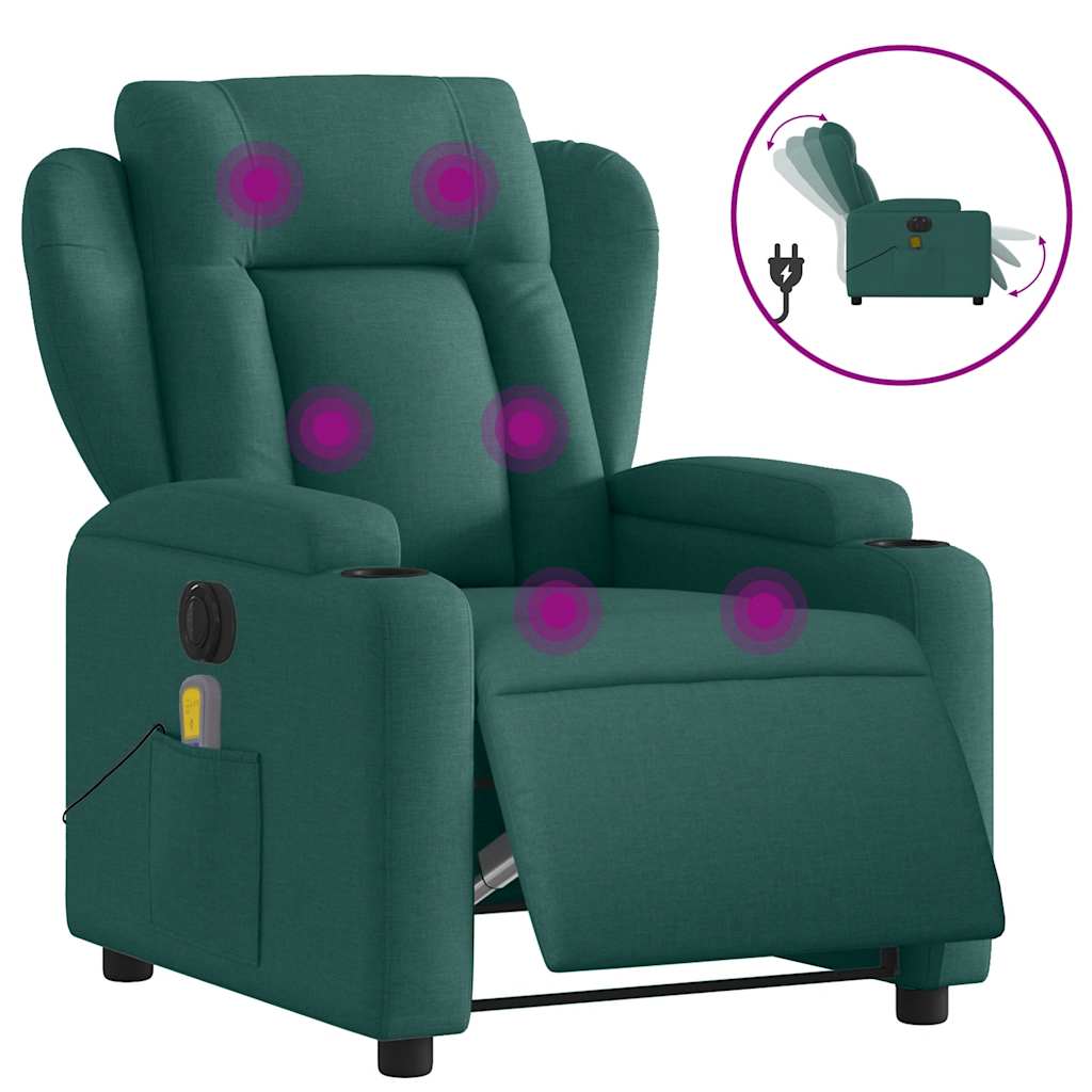 Vidaxl sillón reclinable de masaje eléctrico tela verde oscuro