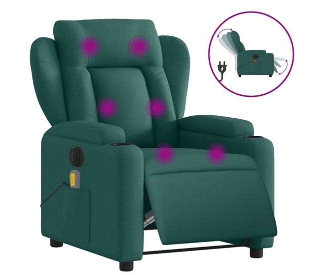 Vidaxl sillón reclinable de masaje eléctrico tela verde oscuro