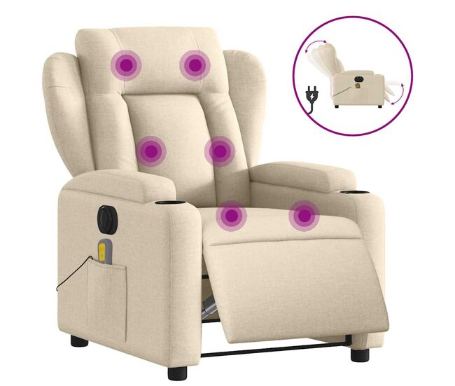 Vidaxl sillón reclinable de masaje eléctrico tela color crema
