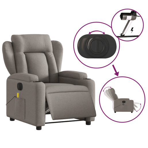 vidaXL Poltrona reclinável massagens elétrica tecido cinza-acastanhado vidaXL Poltrona reclinável massagens elétrica tecido cinza-acastanhado