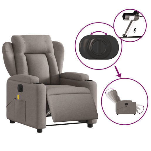vidaXL Poltrona reclinável massagens elétrica tecido cinza-acastanhado vidaXL Poltrona reclinável massagens elétrica tecido cinza-acastanhado