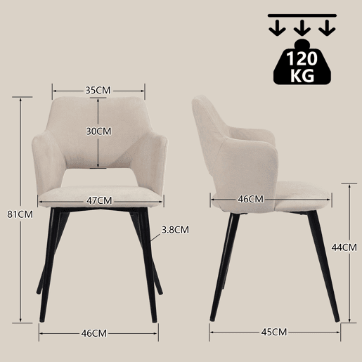 Conjunto de 4 cadeiras de jantar poltrona com braços tecido assento estofado pernas de metal para cozinha sala de estar quarto escritório, bege