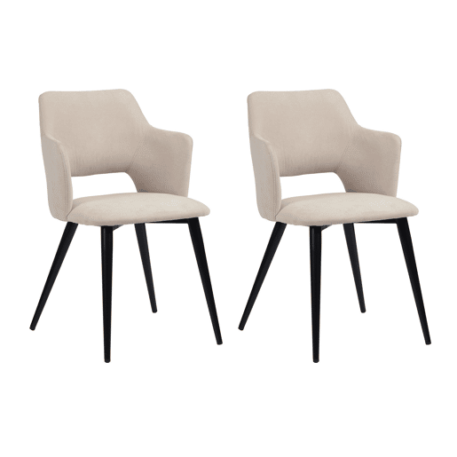 Conjunto de 2 cadeiras de jantar, poltrona com braços, assento estofado em tecido, pernas em metal para cozinha, sala de estar, quarto, escritório, bege