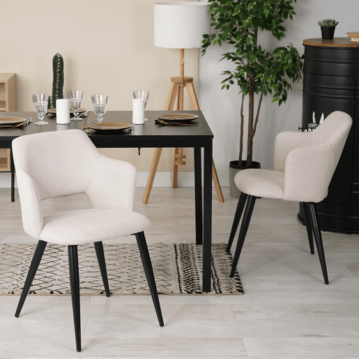 Conjunto de 2 cadeiras de jantar, poltrona com braços, assento estofado em tecido, pernas em metal para cozinha, sala de estar, quarto, escritório, bege