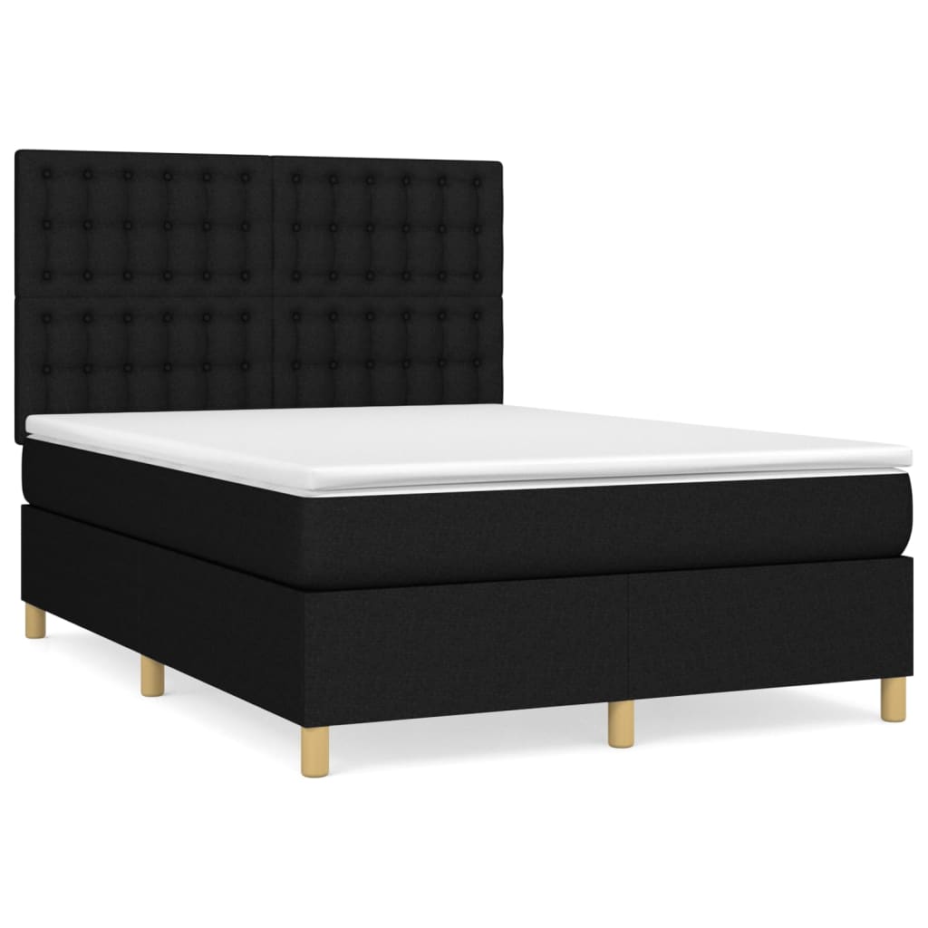 Cama box spring con colchón tela negro 140x190 cm botones