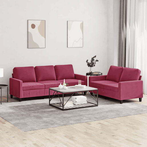 vidaXL 2 pcs conjunto de sofás com almofadões veludo vermelho tinto vidaXL 2 pcs conjunto de sofás com almofadões veludo vermelho tinto