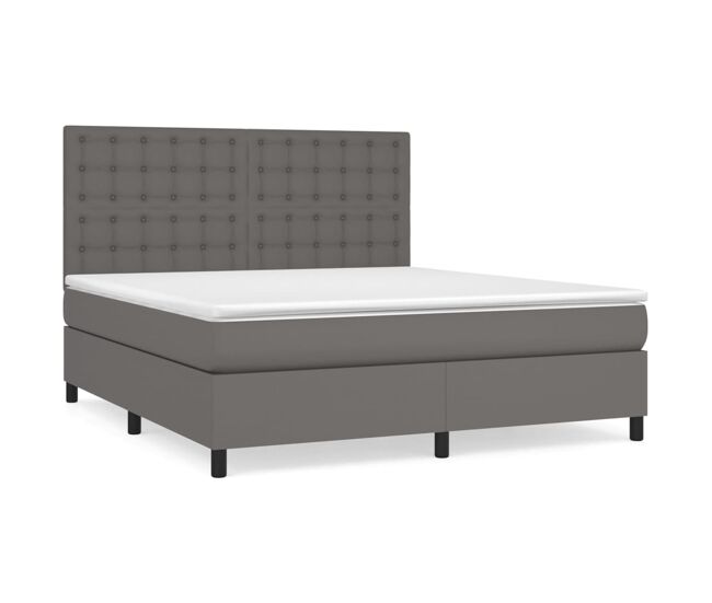 Cama box spring con colchón cuero sintético gris 160x200 cm botones