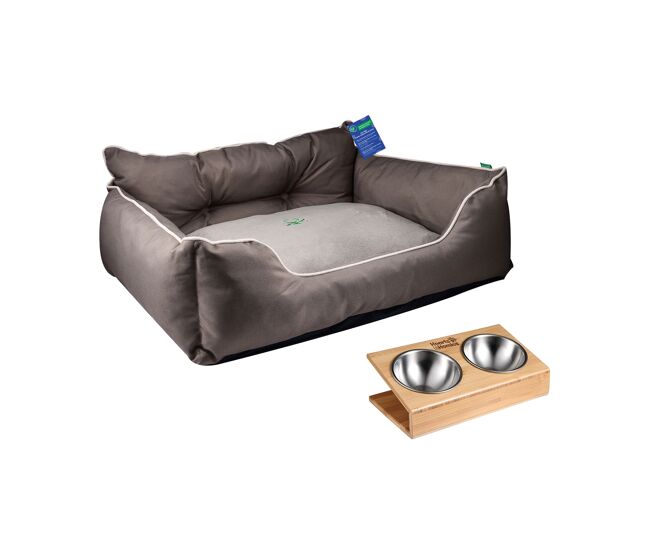 Cama para mascota + comedero doble