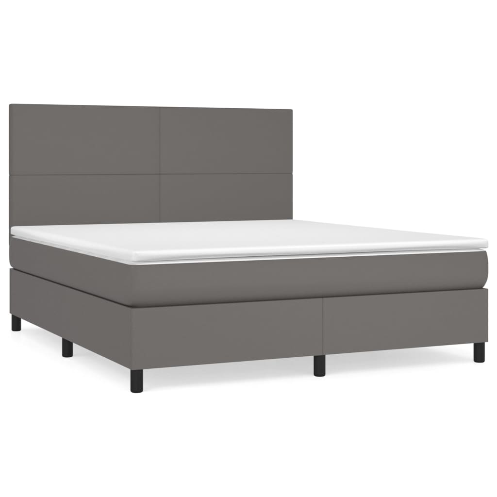 Cama box spring con colchón cuero sintético gris 160x200 cm diseño plano
