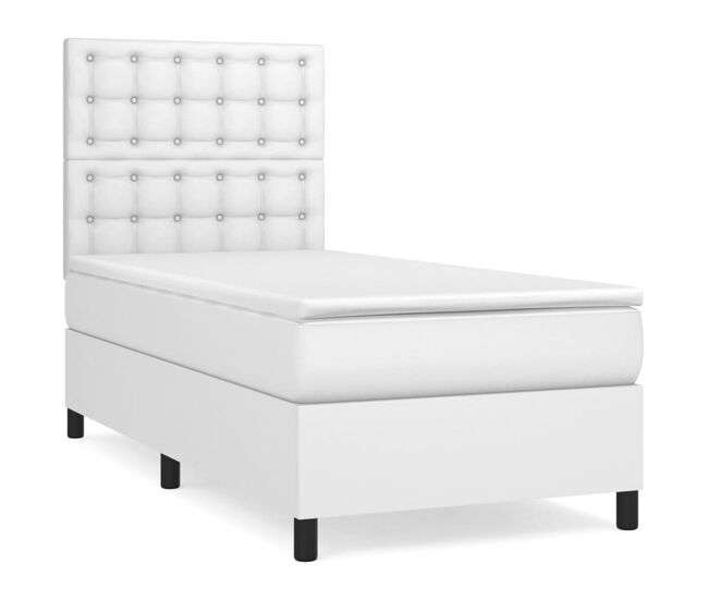 Cama box spring con colchón cuero sintético blanco 90x190 cm botones