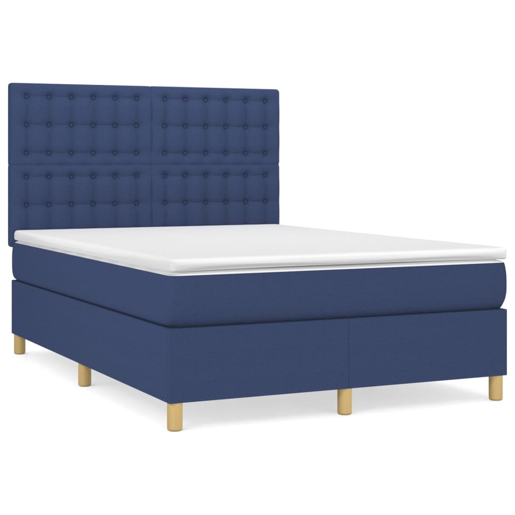 Cama box spring con colchón tela azul 140x190 cm botones
