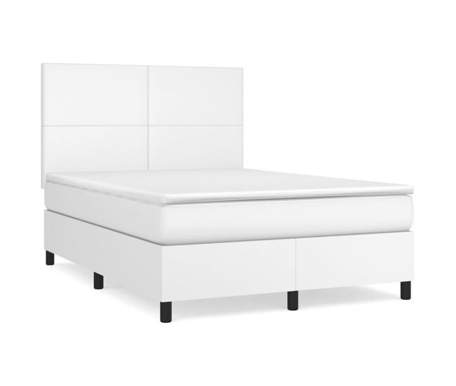 Cama box spring con colchón cuero sintético blanco 140x190 cm diseño plano