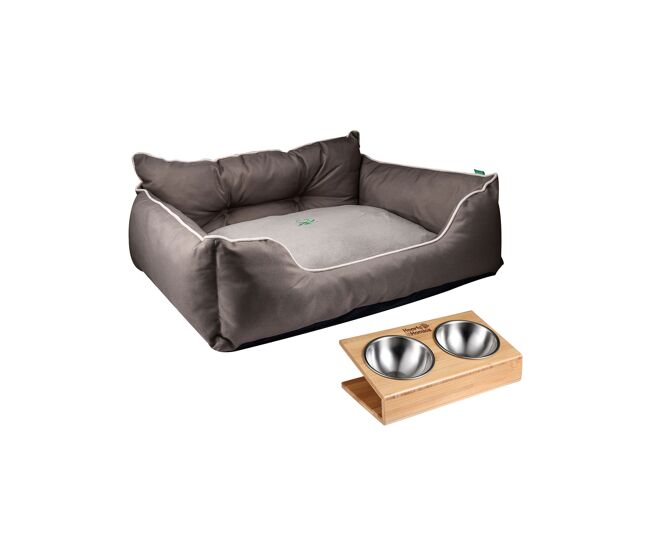 Cama para mascota + comedero doble