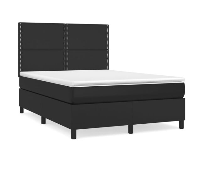 Cama box spring con colchón cuero sintético negro 140x200cm liso con clavos