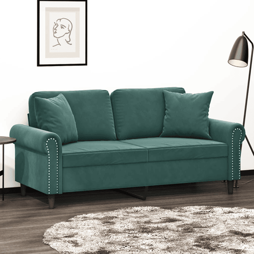 vidaXL Sofá 2 lug. c almofadas decorativas 140cm veludo verde-escuro
