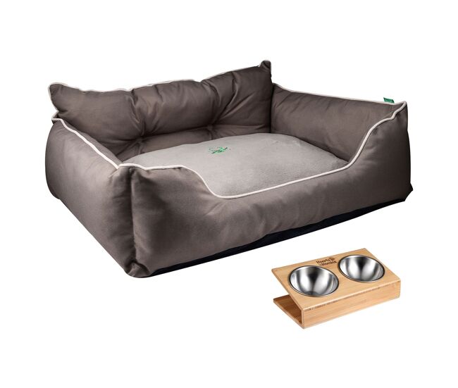 Cama para mascota + comedero doble