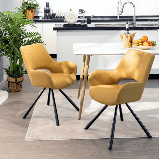 Conjunto de 2 cadeiras de jantar com encosto e braços assento estofado em tecido amarelo 48,5x58x81cm