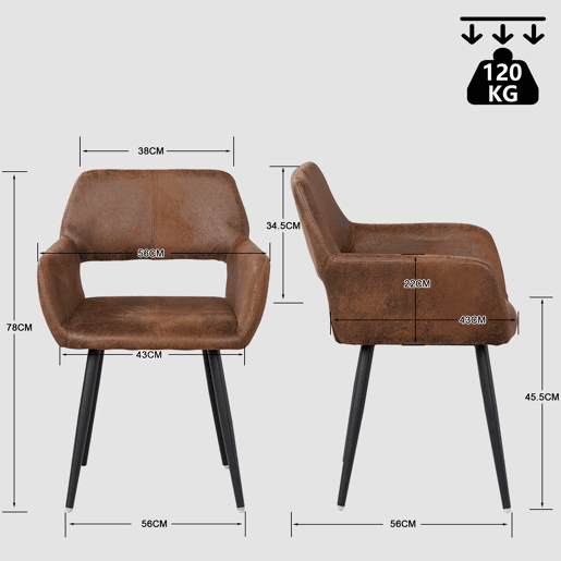 Conjunto de 6 cadeiras de jantar poltrona retro vintage pernas de metal, castanho