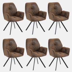Conjunto de 6 cadeiras de jantar giratórias 360° Poltrona vintage em camurça, castanho, 60x62.5x87.5cm