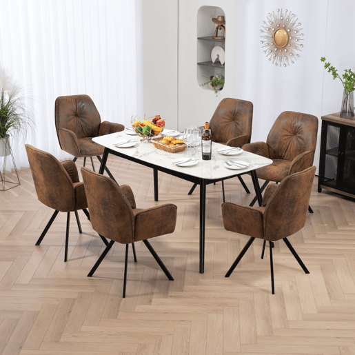 Conjunto de 6 cadeiras de jantar giratórias 360° Poltrona vintage em camurça, castanho, 60x62.5x87.5cm
