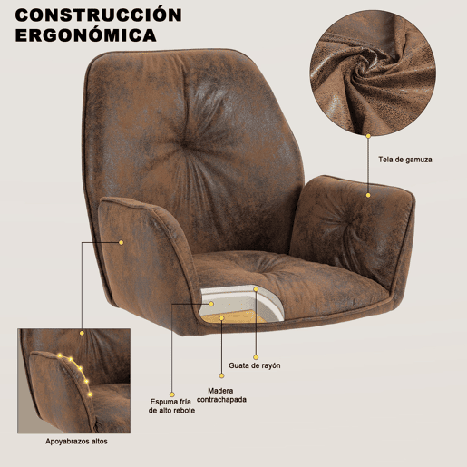 Conjunto de 6 cadeiras de jantar giratórias 360° Poltrona vintage em camurça, castanho, 60x62.5x87.5cm