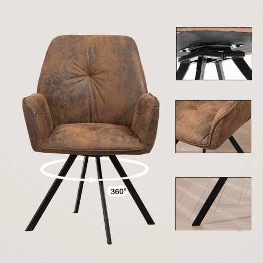 Conjunto de 6 cadeiras de jantar giratórias 360° Poltrona vintage em camurça, castanho, 60x62.5x87.5cm