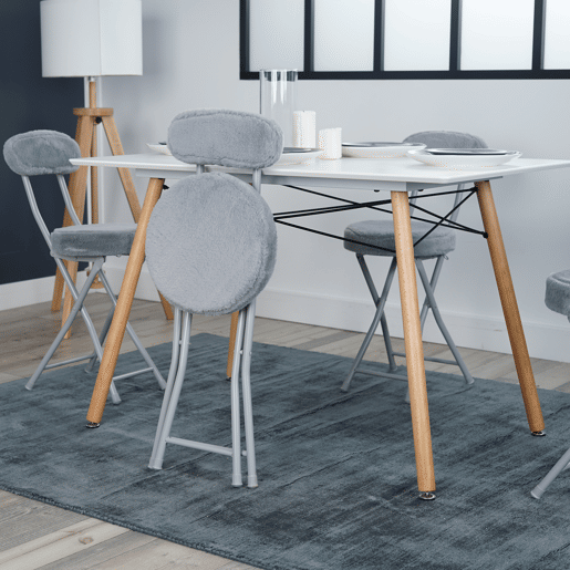 Conjunto de 4 cadeiras dobráveis, almofada redonda dobrável em pele com encosto e apoio para os pés, assento com 49 cm de altura, estilo escandinavo, cinzento