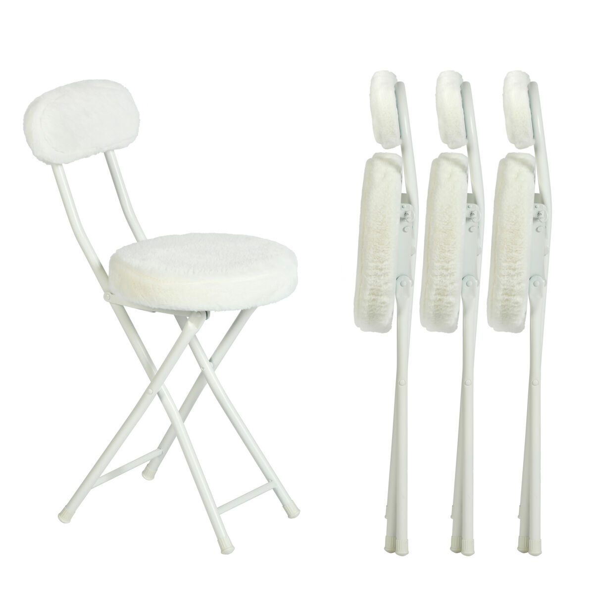 Conjunto de 4 sillas plegables taburetes plegables redondos cojín de piel con respaldo y reposapiés, asiento alto 49 cm, estilo escandinavo, blanco