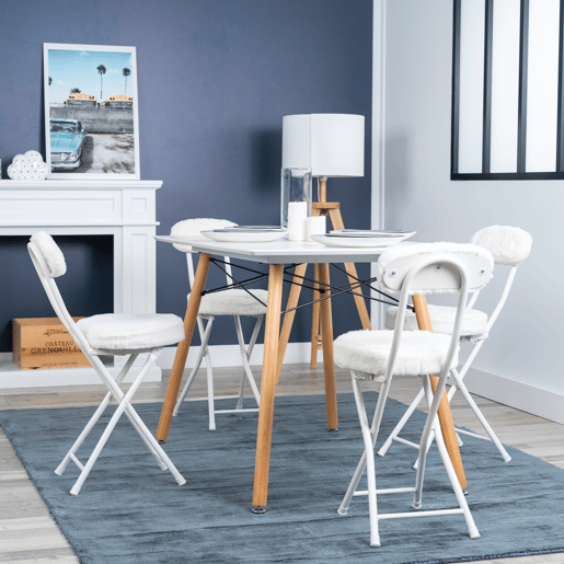 Conjunto de 4 cadeiras dobráveis, almofada redonda dobrável em pele com encosto e apoio para os pés, assento com 49 cm de altura, estilo escandinavo, branco