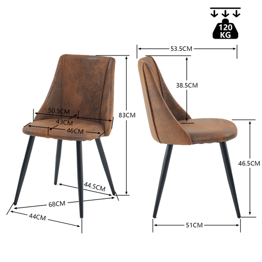 Conjunto de 6 cadeiras de jantar retro poltrona estofada em camurça pernas de metal para cozinha sala de estar quarto escritório, estilo industrial, castanho