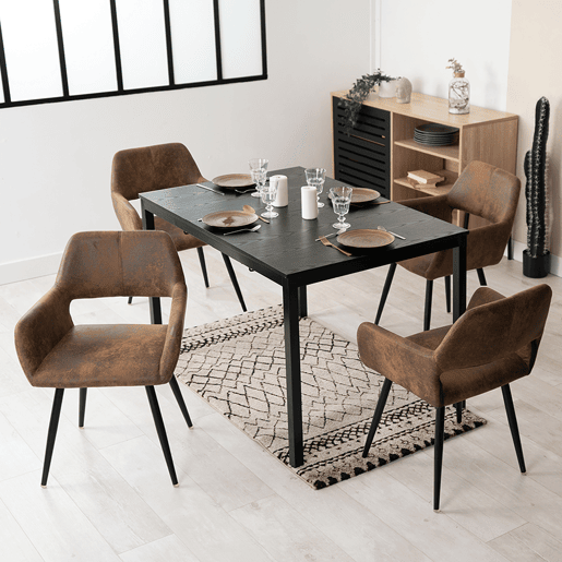 Conjunto de 4 cadeiras de jantar, poltrona forrada a pele sintética, pernas em metal, castanho