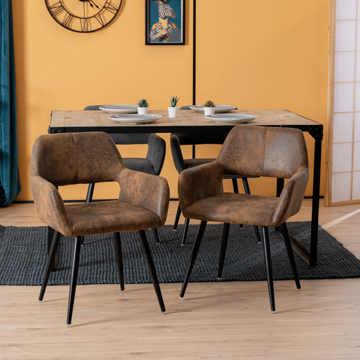 Conjunto de 4 cadeiras de jantar, poltrona forrada a pele sintética, pernas em metal, castanho