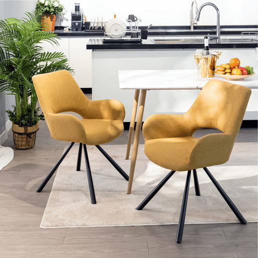 Conjunto de 6 cadeiras de jantar com encosto e braços assento estofado em tecido amarelo 48,5x58x81cm