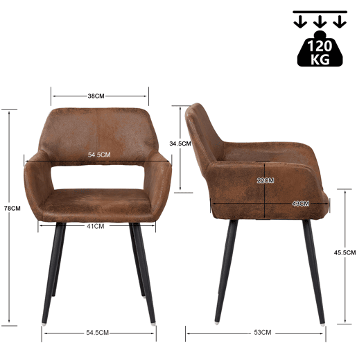 Conjunto de 2 cadeiras de jantar poltrona retro vintage pernas de metal, castanho