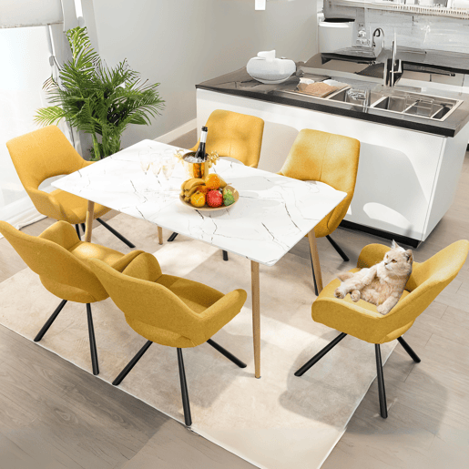 Conjunto de 4 cadeiras de jantar com encosto e braços assento estofado em tecido amarelo 48,5x58x81cm