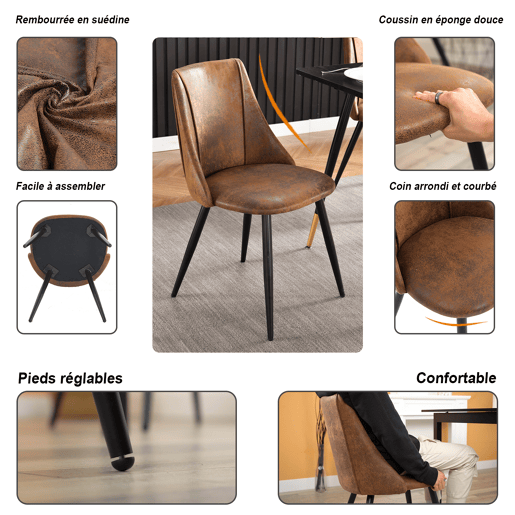 Conjunto de 4 cadeiras de jantar retro poltrona estofada em camurça pernas de metal para cozinha sala de estar quarto escritório, estilo industrial, castanho