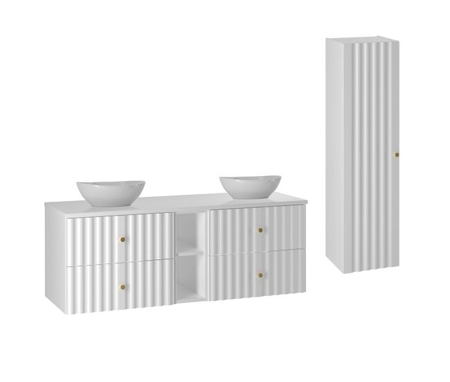 Conjunto de muebles con doble lavabo 140cm 2 compartimientos y columna izae blanco